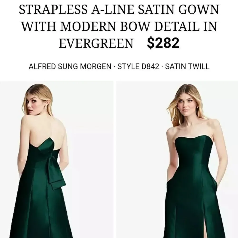 NWT Alfred Sung Strapless A-line Satin Gown Modern Bow Detail Evergreen 14 - Picture 11 of 13
